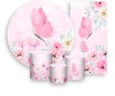 Kit Painel De Festa + Trio Capa Cilindro + Faixa Veste Fácil - Borboleta no Campo de Flores Rosa 019