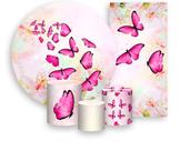 Kit Painel De Festa + Trio Capa Cilindro + Faixa Veste Fácil - Borboletas Pink Voando 004