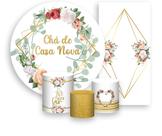 Kit Painel De Festa + Trio Capa Cilindro + Faixa Veste Fácil - Chá de Casa Nova Flores Dourado 001