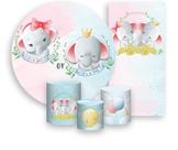 Kit Painel De Festa + Trio Capa Cilindro + Faixa Veste Fácil - Chá Revelação Elefantinhos 006