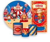 Kit Painel De Festa + Trio Capa Cilindro + Faixa Veste Fácil - Circo Clássico Azul e Vermelho 013