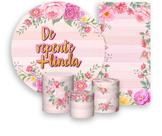 Kit Painel De Festa + Trio Capa Cilindro + Faixa Veste Fácil - De repente Mais Linda Floral Rosa 011