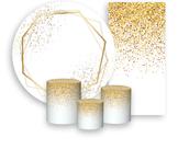 Kit Painel De Festa + Trio Capa Cilindro + Faixa Veste Fácil - Efeito Glitter Dourado e Branco 011