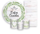 Kit Painel De Festa + Trio Capa Cilindro + Faixa Veste Fácil - Enfim Casados Folhagens 007