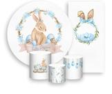 Kit Painel De Festa Trio Capa Cilindro Faixa Veste Fácil, Feliz Páscoa Azul Fofo 009