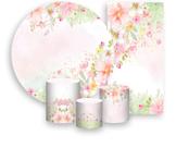 Kit Painel De Festa + Trio Capa Cilindro + Faixa Veste Fácil - Flores Rosa com Verde Tons Pastéis 029 Kit Painel De Festa + Trio Capa Cilindro + Faixa Veste Fácil - Flores Rosa com Verde Tons Pastéis 029