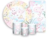 Kit Painel De Festa + Trio Capa Cilindro + Faixa Veste Fácil -Fundo do Mar Rosa Suave com Bege 003