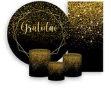 Kit Painel De Festa + Trio Capa Cilindro + Faixa Veste Fácil - Gratidão Geométrico Dourado Efeito Glitter 015