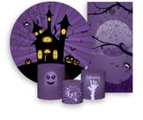 Kit Painel De Festa + Trio Capa Cilindro + Faixa Veste Fácil - Halloween Roxo Castelo Assombrado 010