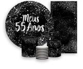 Kit Painel De Festa + Trio Capa Cilindro + Faixa Veste Fácil - Meus 55 Anos Efeito Brilhos Prateados 030