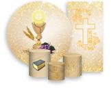 Kit Painel De Festa + Trio Capa Cilindro + Faixa Veste Fácil - Primeira Comunhão Bege 005
