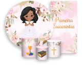 Kit Painel De Festa + Trio Capa Cilindro + Faixa Veste Fácil - Primeira Eucaristia Comunhão Menina 008