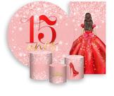 Kit Painel De Festa Trio Capa Cilindro Faixa Veste Fácil, Princesa 15 Anos Vermelho 079 Kit Painel De Festa Trio Capa Cilindro Faixa Veste Fácil, Princesa 15 Anos Vermelho 079