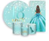 Kit Painel De Festa Trio Capa Cilindro Faixa Veste Fácil, Princesa 18 Anos Efeito Glitter 081 Kit Painel De Festa Trio Capa Cilindro Faixa Veste Fácil, Princesa 18 Anos Efeito Glitter 081