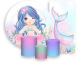 Kit Painel De Festa + Trio Capa Cilindro + Faixa Veste Fácil - Sereia Candy Efeito Brilhante 004