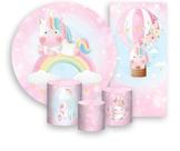 Kit Painel De Festa + Trio Capa Cilindro + Faixa Veste Fácil - Unicórnio Aquarela Arco-Íris 005