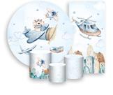 Kit Painel De Festa + Trio Capa Cilindro + Faixa Veste Fácil - Ursinho Aviador Aquarela Azul 002