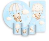 Kit Painel De Festa + Trio Capa Cilindro + Faixa Veste Fácil - Ursinho Baloeiro Azul Paraquedas 031