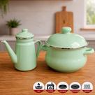Kit Panela Caçarola 3,6L e Bule 1,2L Ferro Fundido Esmaltado Verde Jade Charm