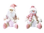 Kit Papai Noel e Boneco de Neve sentado em Tecido rose Kit Papai Noel e Boneco de Neve sentado em Tecido rose
