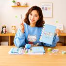 Kit Papelaria Luxo Gato Kawaii 25 Itens: Caderno Disco A5 Material Escolar Fofo