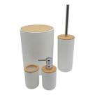 Kit Para Banheiro 4 Peças Lixeira Porta Escova Tampa Bambu G