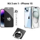 Kit para Iphone 15 Capa Anti Shock + Película Privativa 3D de Vidro + Suporte de Anel