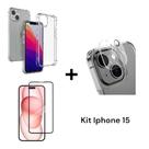 Kit Para Iphone 15 Película De Vidro 3D + Película De Câmera + Capinha Anti Shock