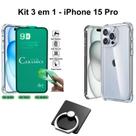 Kit para Iphone 15 PRO Capa Transparente + Película de Cerâmica + Suporte de Anel para Iphone 15 Pro