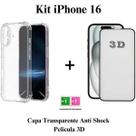 Kit para Iphone 16 Capa Anti Shock Transparente + Película 3D de Vidro para Iphone 16 Kit para Iphone 16 Capa Anti Shock Transparente + Película 3D de Vidro para Iphone 16
