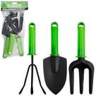Kit para jardim com pa + garfo e ancinho / rastelo cabo plastico verde 3 pecas na solapa