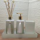 Kit Para Lavabo e Banheiro Difusor Porta Sabonete Líquido Porta Escova e Pincel Bandeja Decorativa- Branco e Dourado
