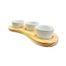 Kit Para Molhos Trio de Ramequim de Porcelana Bandeja Madeira Pínus
