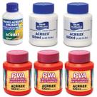 Kit para Pintura com 3 Tintas PVA Vermelho + 2 Bases Acrílica + Verniz Brilhante Acrilex Ideal para Artesanato