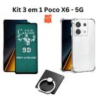 Kit Para Poco X6 5G Capa Transparente Anti Impacto + Película Fosca Privacidade + Suporte de Anel