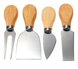Kit Para Queijo Petisco Quatro Peças De Aço Inox E Madeira