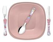 Kit Para Refeição Infantil Simonaggio Unicórnio 5 Peças Kids Rosa Prato Cumbuca Garfo Faca Colher
