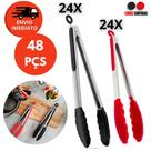 Kit Pegador Alimento 27 e 34Cm Inox E Silicone Com Apoio Carne Churrasco Massa Cozinha Restaurante
