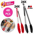 Kit Pegador Alimento 27 e 34Cm Inox E Silicone Com Apoio Salada Churrasco Massa Cozinha Restaurante
