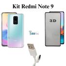 Kit Película 3D de Vidro + Capinha Transparente + Cabo Carregador Tipo C para Redmi Note 9 Kit Película 3D de Vidro + Capinha Transparente + Cabo Carregador Tipo C para Redmi Note 9