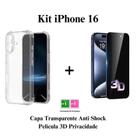 Kit Película Privativa 3D de Vidro e Capa Anti Impacto Transparente para Iphone 16 l iphone 16e l iphone 16 Pro l iphone 16 Plus l iphone 16 Pro Max
