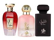 Kit Perfumes Árabes Femininos e Unissex Al Wataniah Ghala Tiara Pink & Al Layl (3 Perfumes)