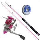 Kit Pesca Feminino Rosa Molinete 3 Rolamento + Vara e Linha