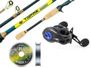 Kit Pesca Vara Albatroz Topaz 1,68m 6-12lbs 2P + Carretilha M21 Pro Black Blue + Linha Multifilamento (Ref. 212)
