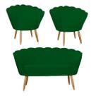 Kit Pétala Namoradeira e 2 Poltronas Decorativa Pés Palito Suede Verde - LM DECOR