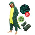 Kit Pijama com Pantufa Dinossauro Game Free Fire Kigurumi Pelúcia Macacão com Capuz Unissex