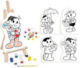 Kit Pintura Da Turma da Mônica Educativo Infantil Telas Cavalete Paleta Em Madeira + Pincel Tintas
