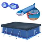 Kit Piscina 5000 Litros + Lanca Agua Animais Sortido + Oculos Natacao Infantil Azul + Capa e Forro