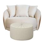 Kit Poltrona Ayla Giratória com Puff, Organico, Redondo, Almofadas, Linho Bege e Sintético Caramelo