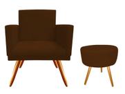 Kit Poltrona Decorativa Bia + Puff Redondo Suede Marrom Pés Madeira Ms Decor